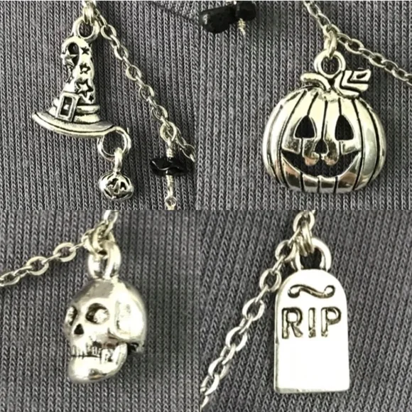 “All Hallows Eve" Handmade Silver Halloween Charm Necklace Haunted House Pumpkin - Picture 4 of 15